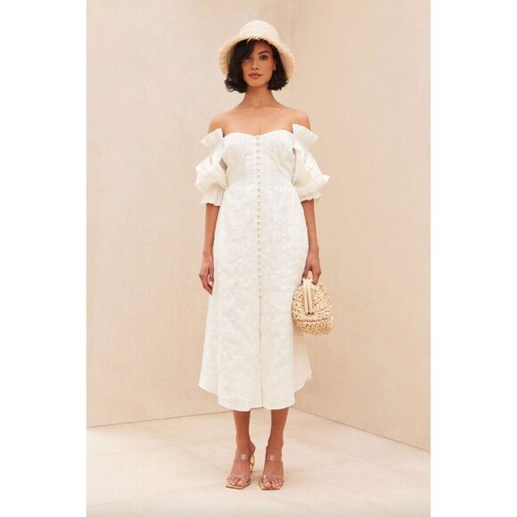 Cult Gaia Simona Ruffled Off The Shoulder Midi Dress Off White Womens Size 0 - Picture 1 of 11